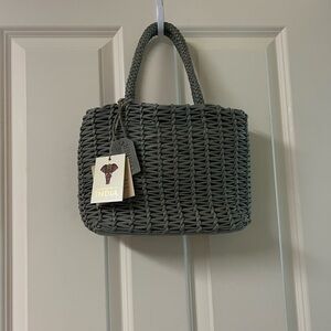 Sage Green Gray Leather Woven Handbag Snap in Fabric Pouch